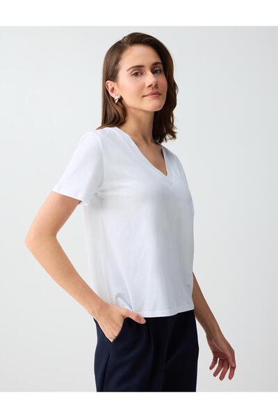 Jimmy Key Ανοιχτό λευκό 100% βαμβακερό κοντομάνικο μπλουζάκι με λαιμόκοψη V, ...