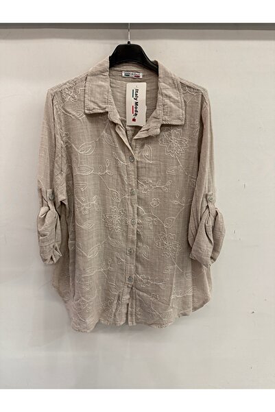 della moor Γυναικείο μπεζ ιταλικό πουκάμισο με κεντημένα λουλούδια και πτυσσό...