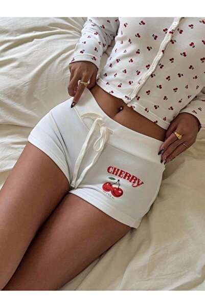 Afri Γυναικείο Σορτς Εκρού με στάμπα κεράσι, ρυθμιζόμενο κορδόνι στη μέση, μί...