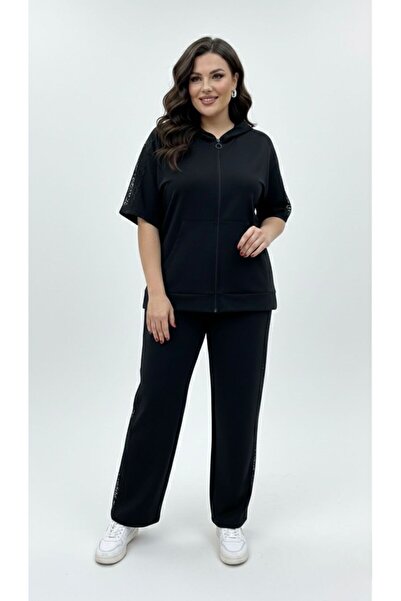 Koza Butik Γυναικείο σετ φόρμας μεγάλου μεγέθους με κοντό μανίκι, φερμουάρ κα...