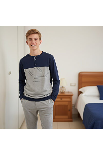 BONBON Young Men's Cotton Navy Blue - Gray Color Pajama Set Al008 V1 Bb2438
