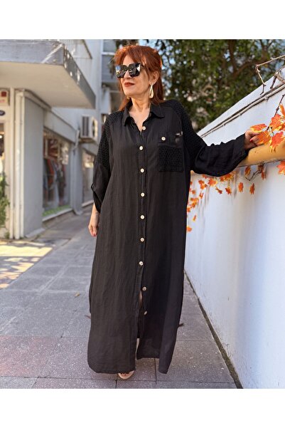 DenizEge Ιταλικό λινό πουκάμισο-φόρεμα σε μαύρο χρώμα