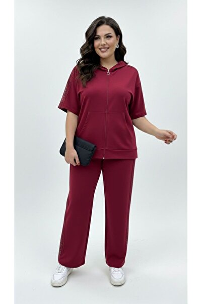 Koza Butik Γυναικείο σετ φόρμας μεγάλου μεγέθους με κοντό μανίκι, φερμουάρ κα...