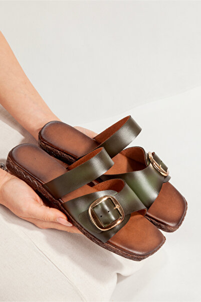 PELLEVA Kadın Yumuşak Termo Taban Küt Burun Rahat Kalıp Yeşil Deri Terlik