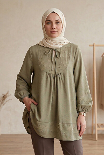 FERHEL Hijab Collared Tunic with Elastic Sleeves and Decorative Trim - Olive