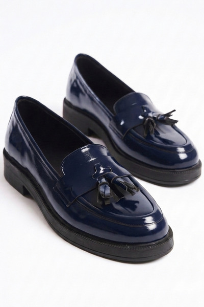 GRADA Γυναικεία Loafer Παπούτσια από Γνήσιο Δερμάτινο Λουστρίνι σε Σκούρο Μπλ...