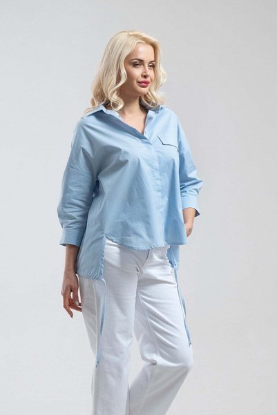 Bold & Young Cămașă oversize din bumbac Lycra, albastru deschis, cu detalii tip șnur, pentru femei
