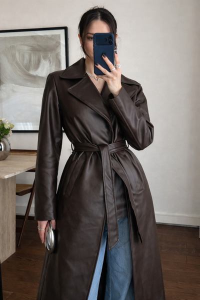 gm giyimarket Νέα σεζόν Γυναικεία Oversize Δερμάτινη Καμπαρντίνα