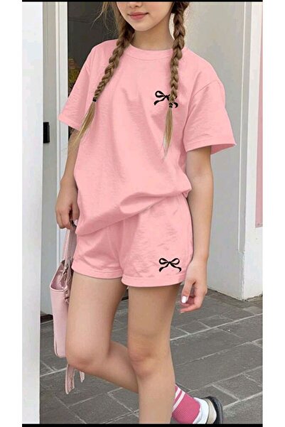 Kids Καλοκαιρινό ροζ σετ με μικροσκοπική κορδέλα και σορτς