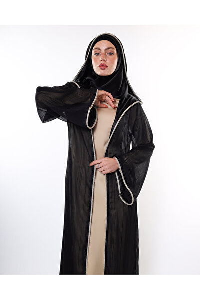 HARİKA WEAR Kapüşonlu Çizgili Işıltılı Şifon Abaya