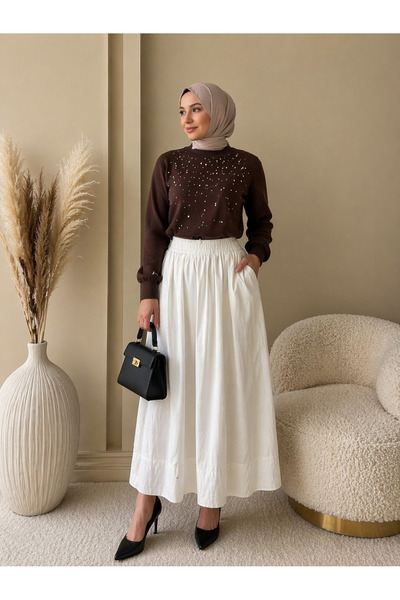 TULE LINE Beli Lastikli Cep Detaylı Poplin Maxı Etek