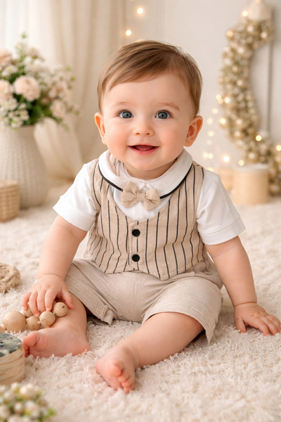 AKİ MODA KİDS Erkek Bebek Çizgili Yelek Detaylı Papyonlu Tulum Takım