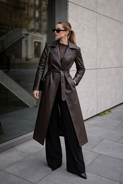 gm giyimarket Νέα σεζόν Γυναικεία Oversize Δερμάτινη Καμπαρντίνα