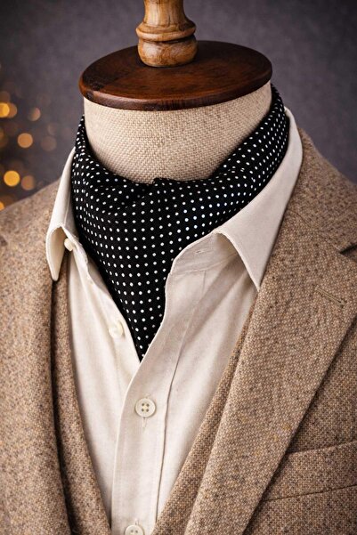Kravatkolik Polka Dot Pattern Black Italian Silk Ascot Tie Sac51
