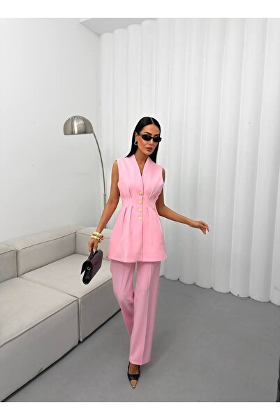 ParlaMira Γυναικείο Σετ Παντελόνι και Γιλέκο σε Χρώμα Καραμέλα Ροζ