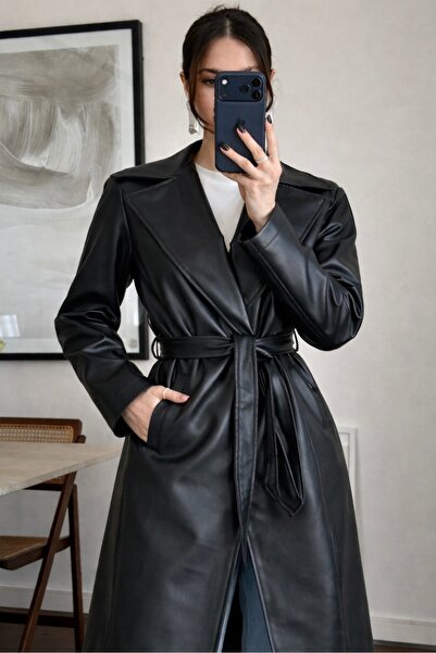 gm giyimarket Νέα σεζόν Γυναικεία Oversize Δερμάτινη Καμπαρντίνα