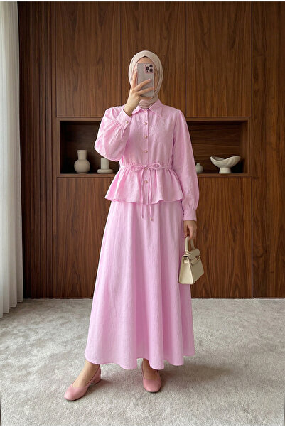 MODAQU Stoned Buttoned Patterned Jacquard Skirt Top and Bottom Set - Pink