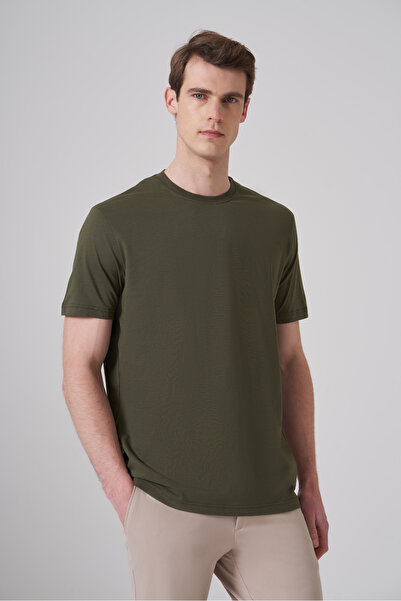 Morven Ανδρικό βαμβακερό μπλουζάκι Khaki Basic Crew Neck Dynamic Fit
