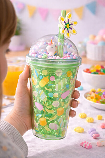MİS KİTCHEN Unicorn Figürlü Pipetli Çocuk Bardak Şeker Desenli Suluk Kapaklı ...