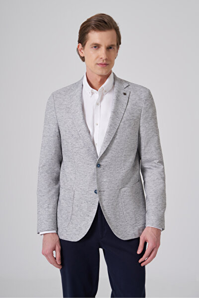 Morven Men's Navy Blue Linen Trendy Patterned Slim Fit Mono Collar Jacket