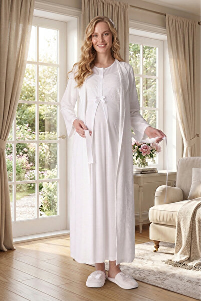 Lohusa Homewear Νέα σεζόν Εκρού Μητρικό Σετ Νυχτικό Ζακάρ Καλοκαιρινό Ολόσωμο...