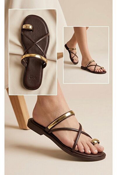 ELEVAM Καφέ σανδάλια από γνήσιο δέρμα - Παντόφλες καλοκαιρινές πολυτελούς σχε...