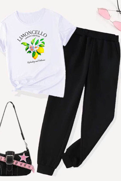 Joetsu Limon Printed T-Shirt - Jogger T-Shirt Crew Neck Bottom Top Tracksuit Set