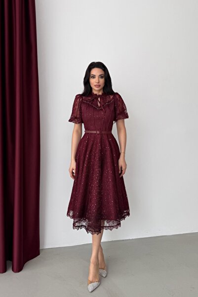 Serica Moda Βραδινό φόρεμα μίντι με κοντά μανίκια, δαντέλα και παγιέτες σε μπ...