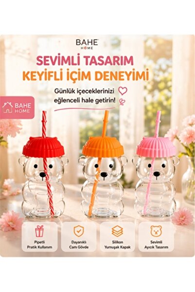 bahe home Sevimli Ayıcık Cam Bardak Pipetli Kapaklı Kawaii Smoothie Meyve Suy...