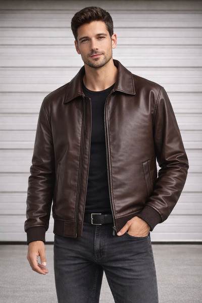 çerme Ανδρικό δερμάτινο μπουφάν σε καφέ χρώμα