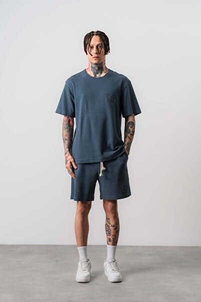Respire طقم شورت تي شيرت رجالي ذو قصة عادية بخياطة متقنة باللون البترولي