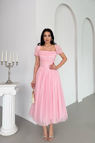 Serica Moda Βραδινό φόρεμα μίντι με γκλος και σιμέλες σε χρώμα πούδρα