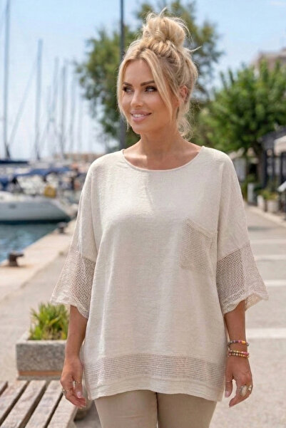 Chiccy Μπεζ μπλούζα με λαιμόκοψη ποδηλάτου, μανίκια 3/4, με διχτυωτή λεπτομέρ...