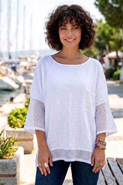 Chiccy Λευκή μπλούζα με λαιμόκοψη ποδηλάτου, μανίκια 3/4, με διχτυωτή λεπτομέ...