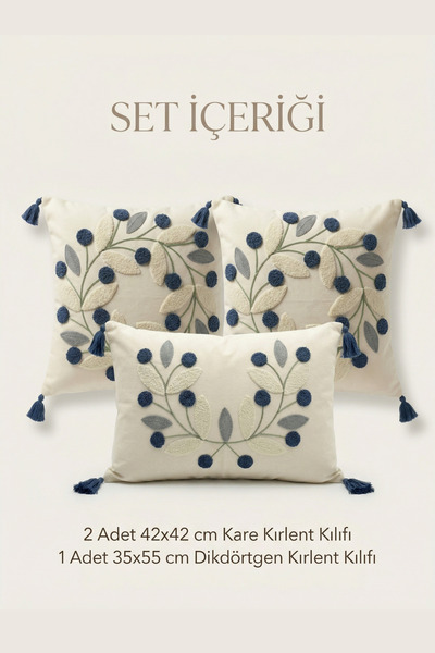 Punch Embroidered Decorative Pillow Set 2 Square 1 Rectangular Pillow Case 3pcs Boho Modern Living Room Set