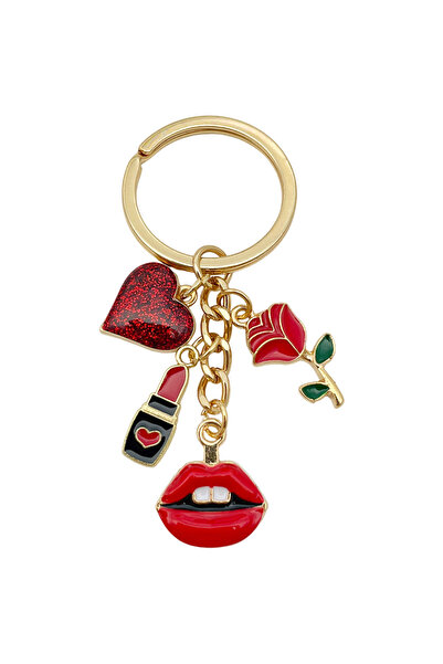 Hilosh Red Heart & Lipstick Figured Keychain – Stylish Bag Accessory with Lip and Rose Detail