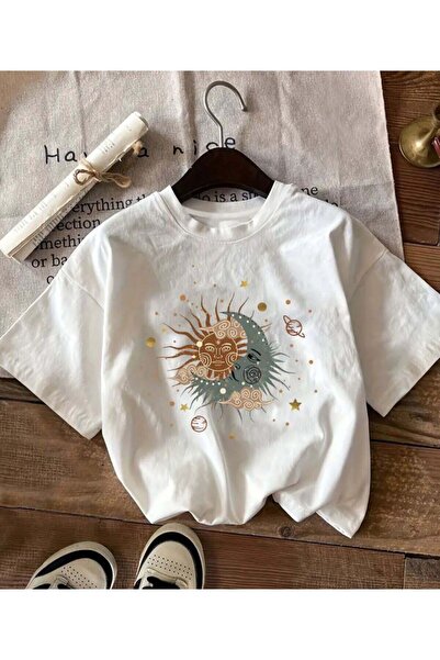 Trend Sizde Unisex White Cosmic Balance Printed Crew Neck T-Shirt