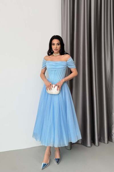 Serica Moda Βρεφικό Μπλε Φόρεμα Μίντι με Γκλος και Λάμψη