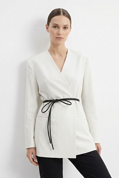 Rays White V-Neck Belted Striped Jacket 7486