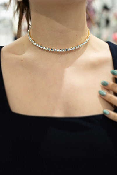 Yuvarlak Kesim Zirkon Taşlı Gold Chocker Kolye