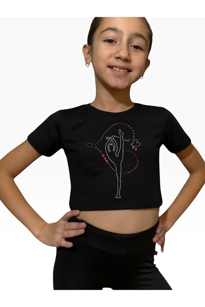 She Can Wear Siyah Crop Kalp İçinde Cimnastikçi Tişört