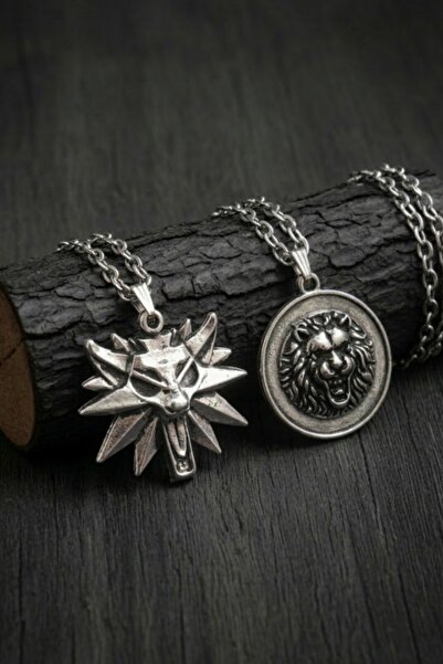 AB Takı 2Pcs Necklace Wolf and Lion Design Pendant Fashion Necklace Men's Nec...