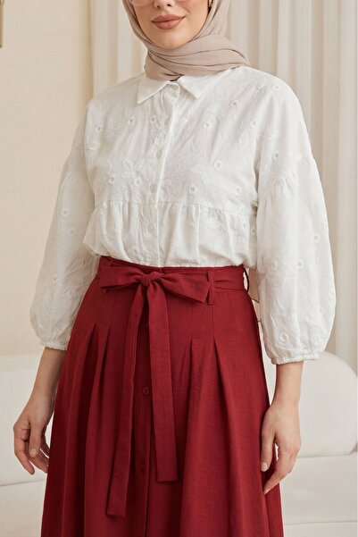 Modamorfo Λινό πουκάμισο με ελαστικά μανίκια και ημιδιαφανές σχέδιο με κυματι...