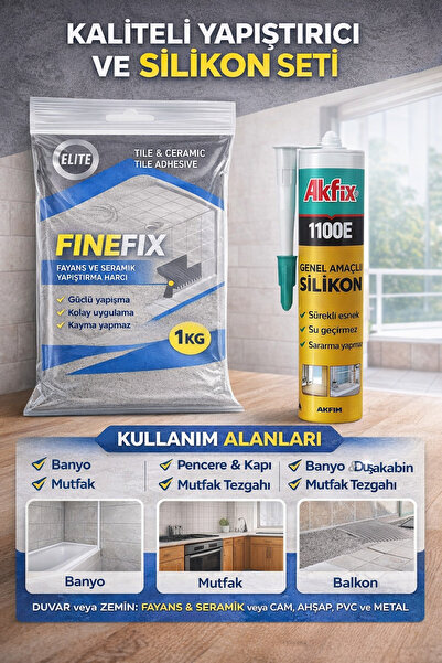 Akfix 1 Kg Fayans & Seramik Yapıştırıcı + 1100E Genel Amaçlı Silikon Seti