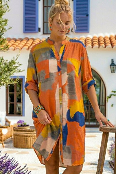 Chiccy Ιταλικό πορτοκαλί-κίτρινο-μπλε φόρεμα με γιακά με κουμπιά, μακρυμάνικο...