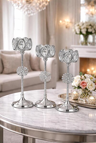 Monoart 3 Lü Kristal Taşlı Metal Şamdan Mumluk Seti Lüks Dekoratif Salon Akse...