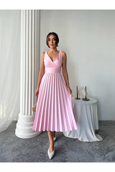 conconmoda Alyosa Pileli V Yaka Midi Elbise