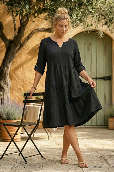 Chiccy Ιταλικό μαύρο φόρεμα με γιακά, μανίκια 3/4, βολάν, δαντέλα, βαμβακερό,...