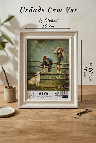 Asya Çerçeve Dekoratif Antik Desenli Eskitme Beyaz 10x15 Ayaklı Camlı Plastik...