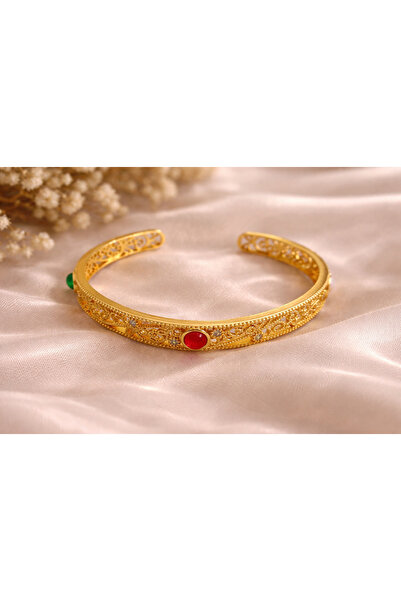 PORSE Gold Zirkon Taşlı İşlemeli Çelik Vintage Kelepçe Bileklik